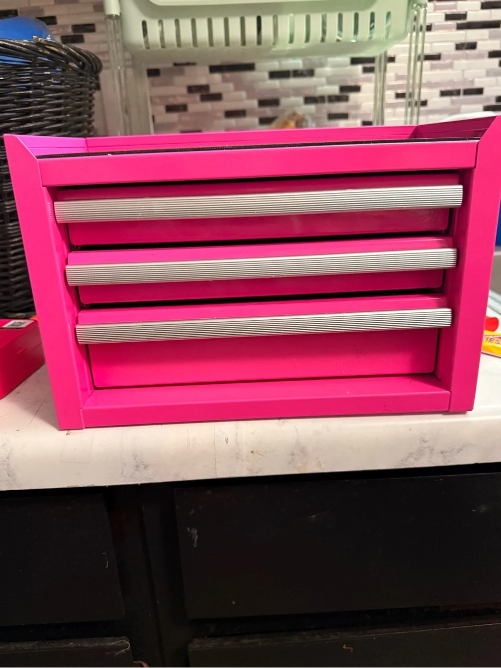Mini Pink Metal 3-Drawer Desktop Tool Box Organizer Chest
